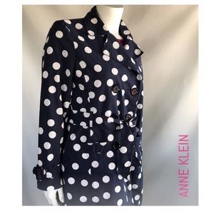 (Sz M) Anne Klein Navy White Polka Dot Trench Coat